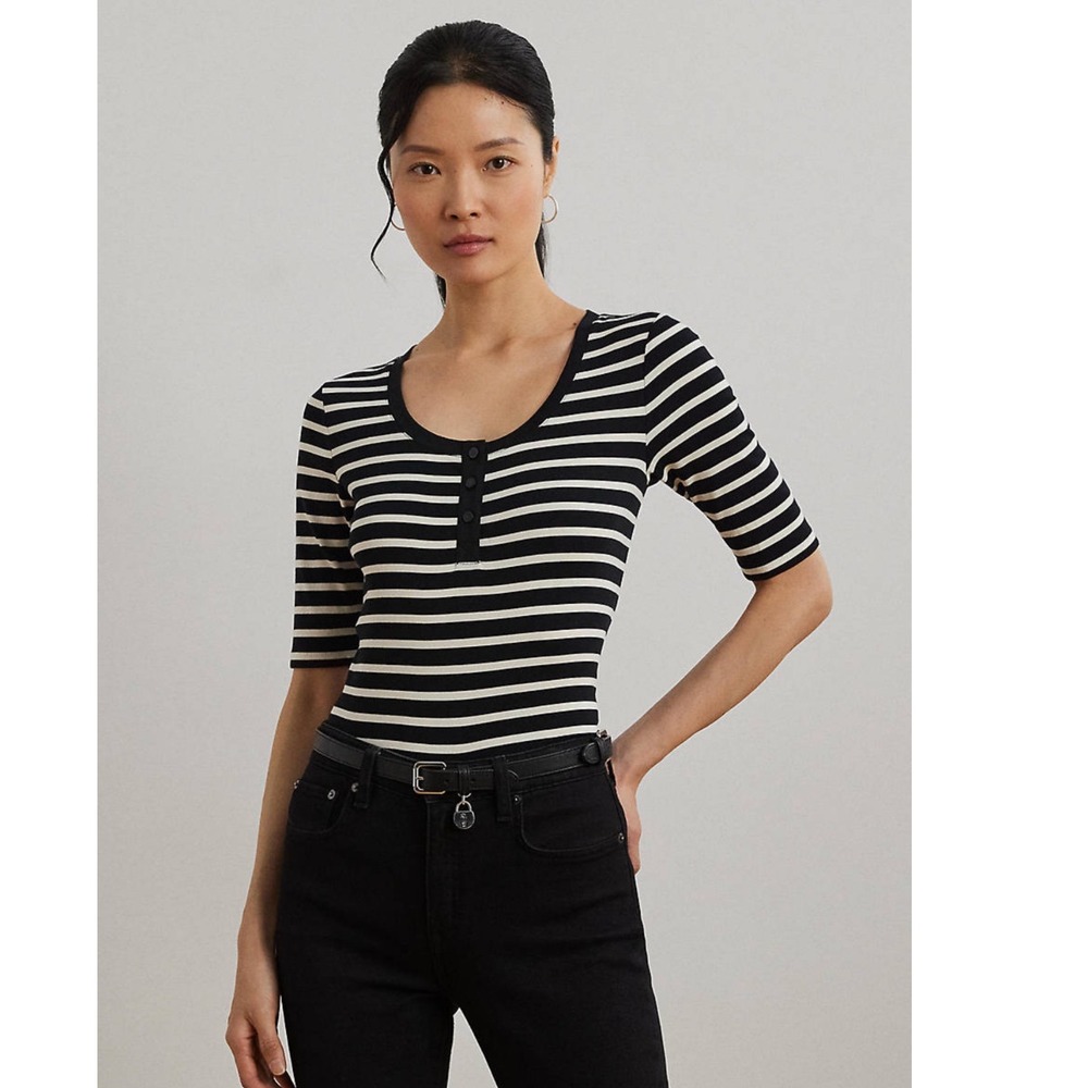 Lauren Ralph Lauren Striped Elbow-Sleeve Henley Top Black White‎ Large